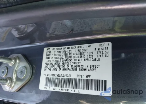 2014 Honda Crosstour Ex from USA, damaged, VIN 5J6TF3H35EL001351